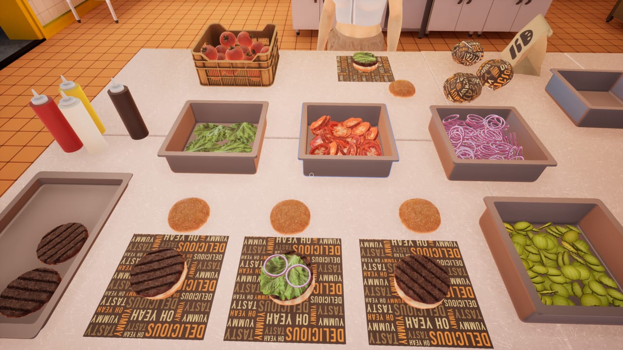 First-person view of the burger assembly counter with wrapped patties, lettuce, tomatoes, onions, pickles, and sauce bottles