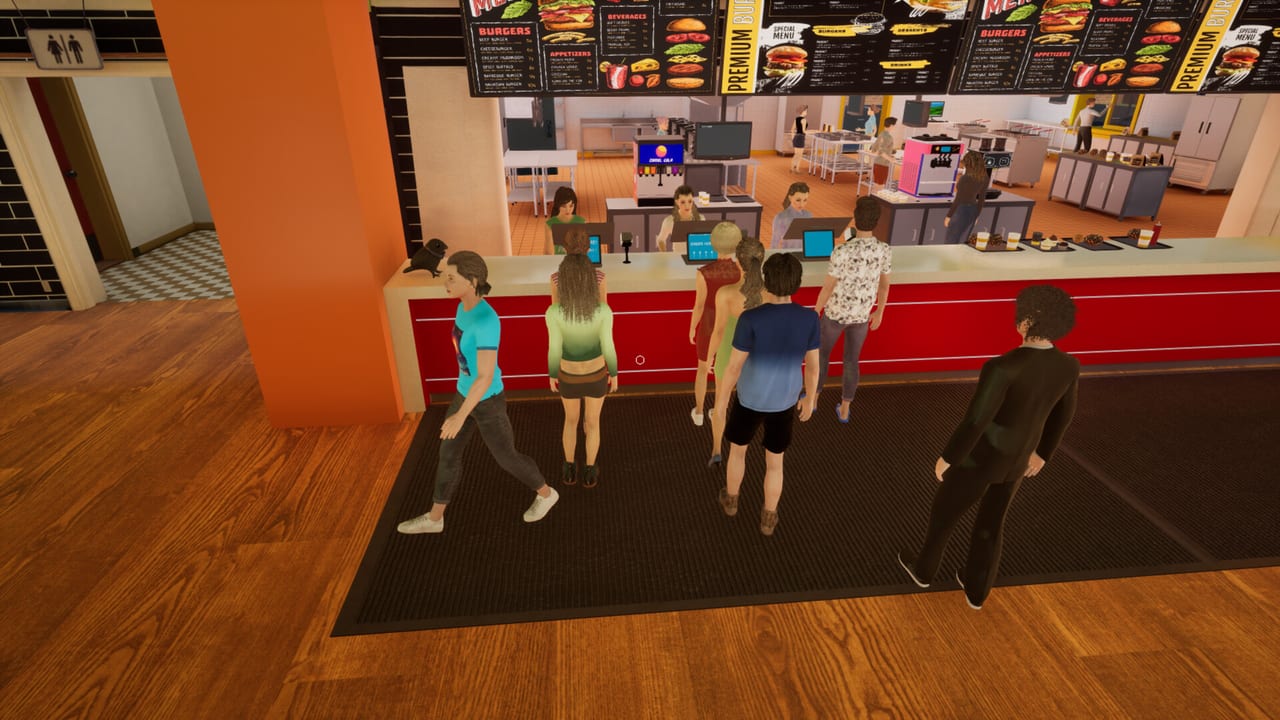 Front-of-house counter with a customer queue, menu boards, soda fountain, and kitchen staff in Burger Shift: Team Rush